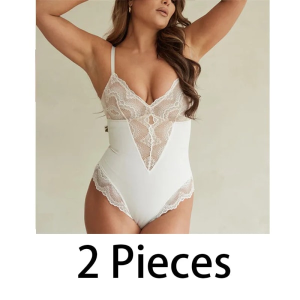 GUUDIA Light Control Body Suit Sexig Jumpsuit 2 delar Underkläder Sexig Spets V-hals Spaghetti Armband Bodysuits Snap Open grenen white M