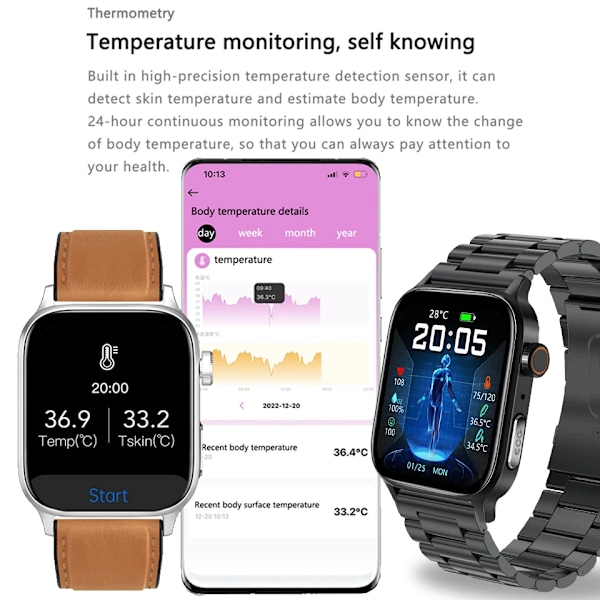 Ny icke-invasiv watch för blodsocker Män Röstringning Armbandsur Kroppstemperatur Stresstest EKG+PPG NFC Smartklocka Silver
