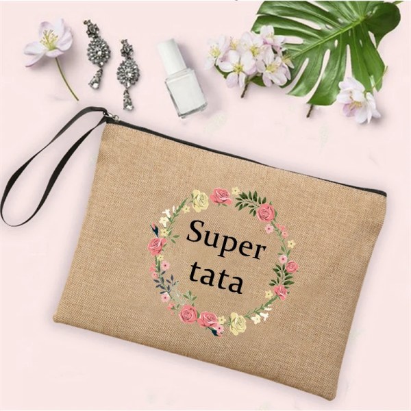 Super Tata Wreath Print Linne Sminkväskor Kosmetisk väska Dragkedja Resor Toalettsaker Organizer Kvinnor Neceser Bästa presenterna till Tata Q08090-A012BR-S