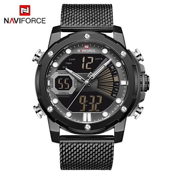 NAVIFORCE Originalklockor för män Lyxmärke Quartz Dual Display Militär watch Mesh stålband Vattentät klocka BGYB