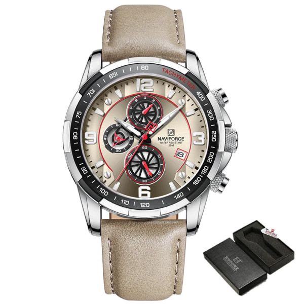Toppmärke NAVIFORCE klockor för män Vattentät läder Quartz Watch Kronograf Sportarmbandsur Lysande manlig klocka S GY GY Box