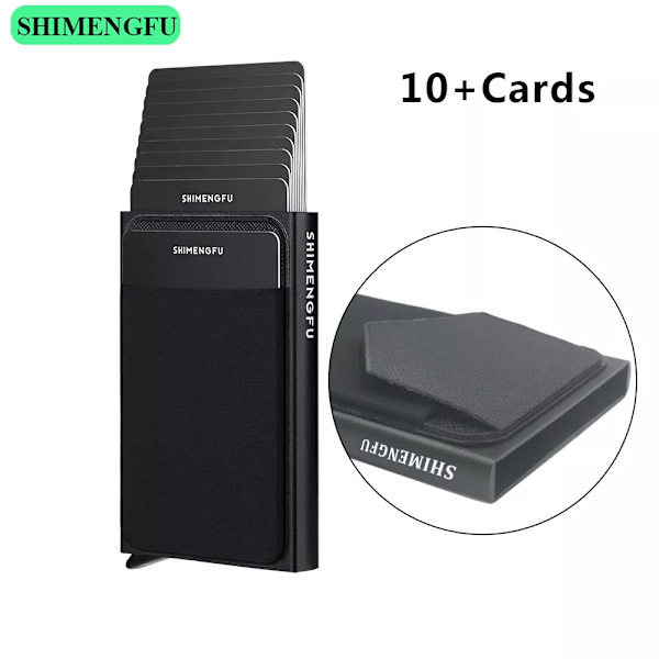 Pop Up RFID ID-korthållare Man Plånbok Minipaket Aluminium Metall Skyddsutrustning Förvaringsväska Smart Quick Release Damväska 10 Cards Black