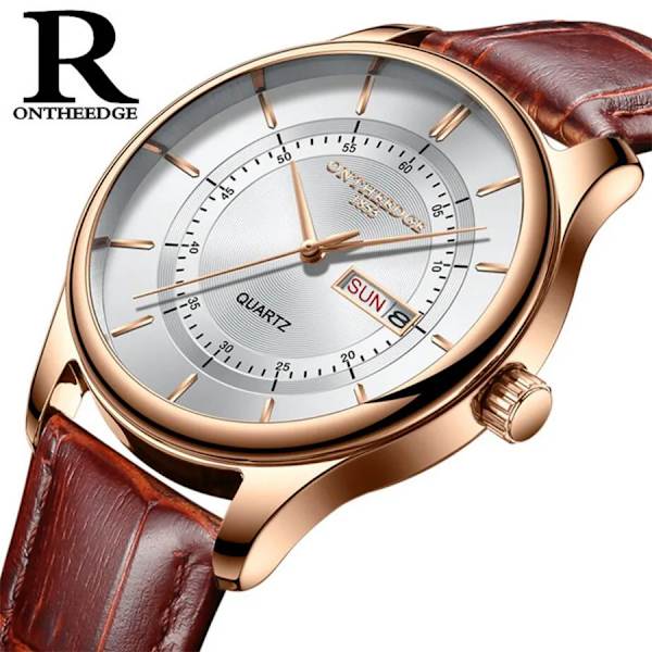 Hög kvalitet Rose Gold Urtavla Watch Män Läder Vattentäta Klockor Affärsmode Japan Quartz Rörelse Datum Man Klocka reloj Silver