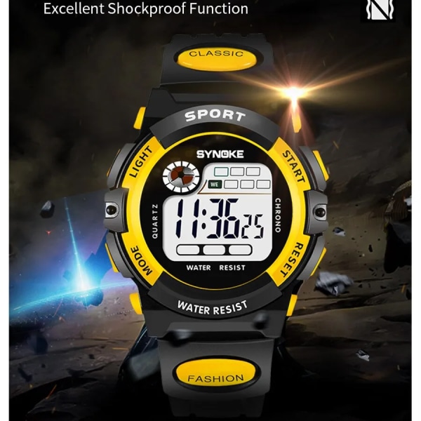 SYNOKE Multifunktionell Nattstudent Barn Elektronisk Watch Sport Vattentät Pojke Elektronisk Watch Vattentät Lätt Mode Yellow