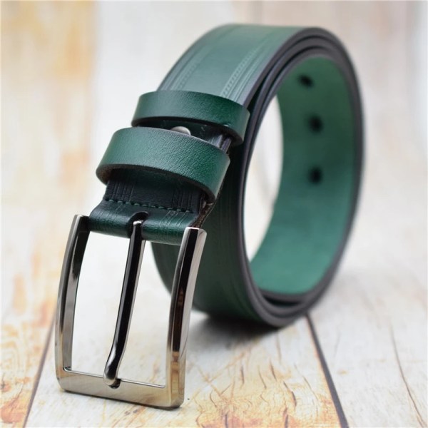 Herrbälte i legeringspänne Spänne i äkta läder för män Svart/kaffe/blått/grönt/rött/lila 3,8 cm brett byxbälte för jeans Green 125cm
