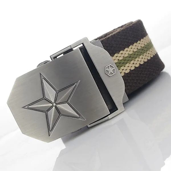 BOKADIAO Herr & Kvinnor Militär Canvas bälte lyxigt 3D-stjärna Metallspänne jeansbälte Army taktiska bälten för män midjeband hane Coffee stripe 100cm