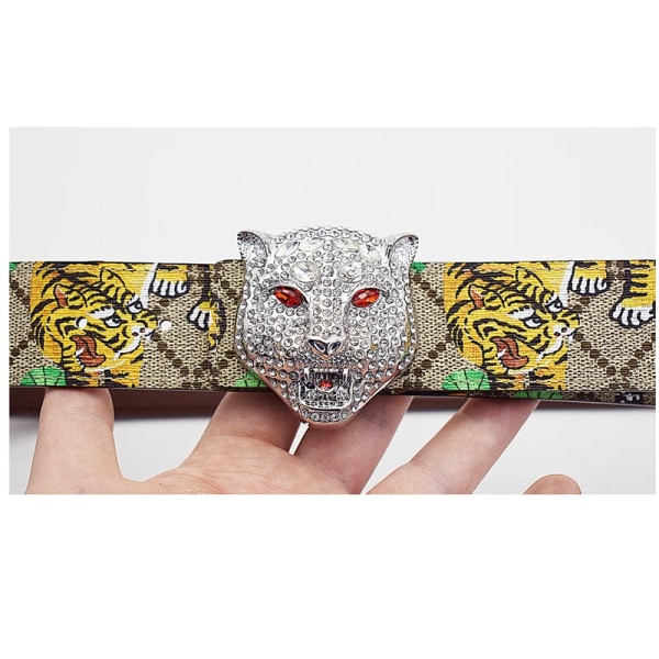 Western Rhinestone Leopard Guld Sliver Metall Spänne Tiger Print Ko Läder Män Bälte Jeans Causal Byxor Rem BF redbee 115cm