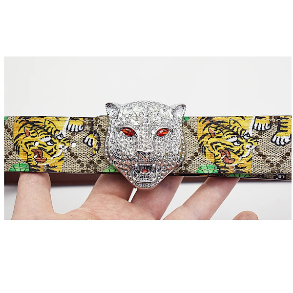 Western Rhinestone Leopard Guld Sliver Metall Spänne Tiger Print Ko Läder Män Bälte Jeans Causal Byxor Rem Snake Eagle buckle 125cm