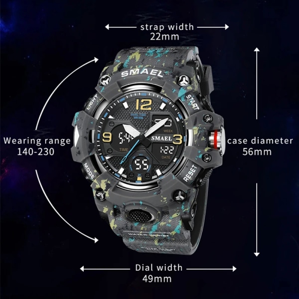 SMAEL Watch Sport Militärklockor Vattentät 50M Stoppur LED Light Week Display Armbandsur 8008 Quartz Watches Herr Digital CAMOBLUE