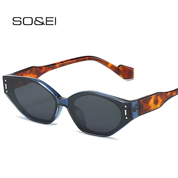 SO&EI Retro Small Cat Eye Polygon Solglasögon Dammode Dubbelfärgsglasögon Män Nitar Solglasögon Skärmar UV400 Blue leopard grey As the picture
