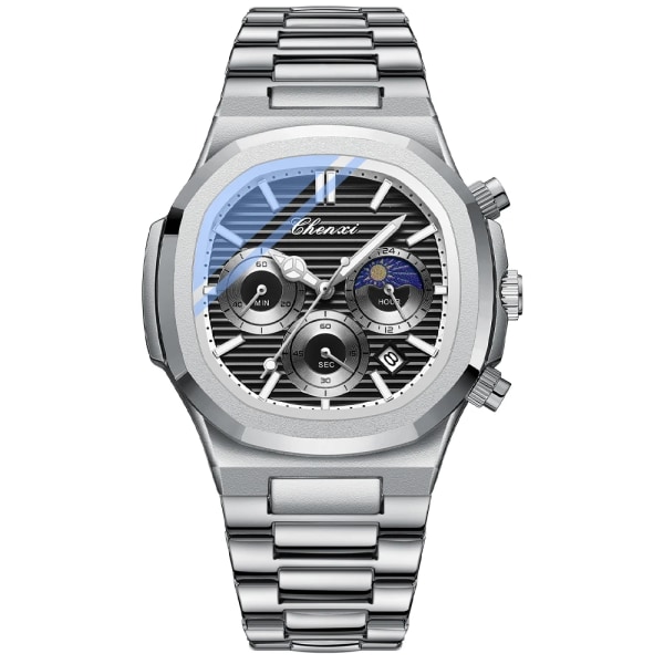 CHENXI 2023 New Business Watch för män Date Quartz Armbandsur med kronograf rostfritt stål självlysande hane Clcok Silver Black