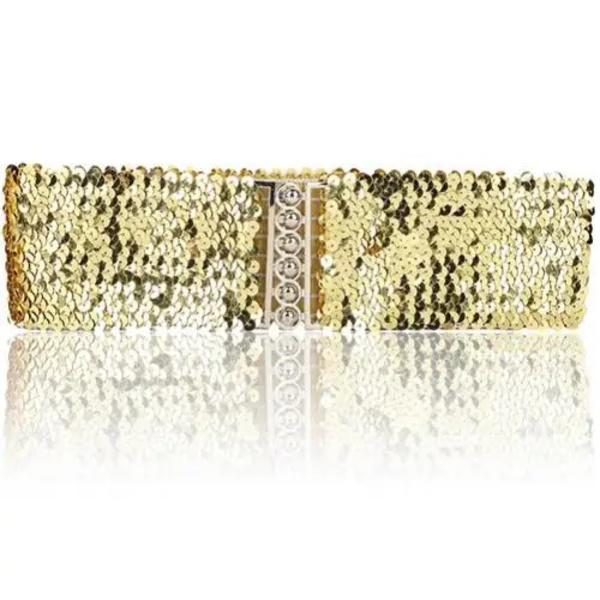 Guld Silver Färg Bälte Cool Punk Glittrande Paljetter Elastisk Stretch Bred midjeband Dam Klänning Midjebälte Smycken Tillbehör Gold 70cm