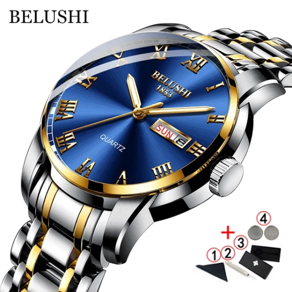 BELUSHI Business Herrklockor Kända märke Lyxig Big Dial Watch Vattentät Quartz Gold Watch Herr montre homme 2021 blue gold-silv box