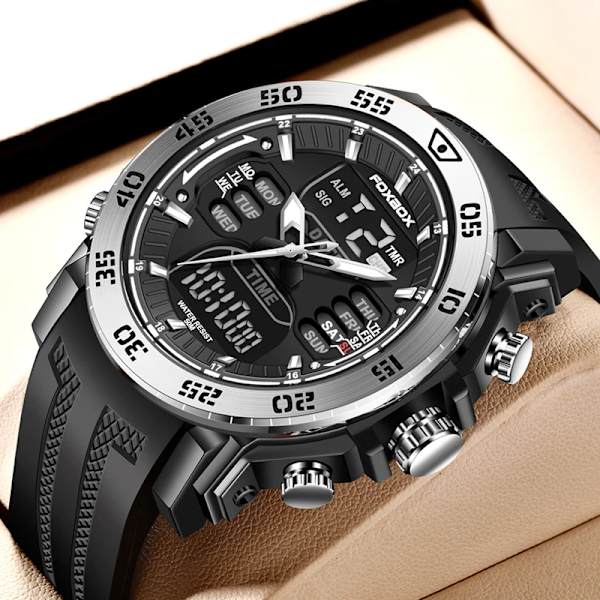 FOXBOX Herrklockor Sport Toppmärke Lyx Dual Display Quartz Watch Herr Militär vattentät klocka Digital elektronisk watch+ Box Silver black(.269)