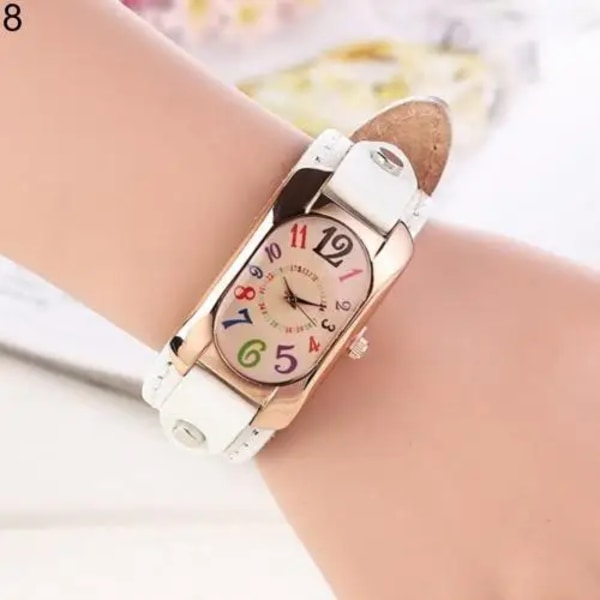 Mode Casual Damklocka Kunstläder Diamantband Avlångt case Quartz Watch kvinnor White