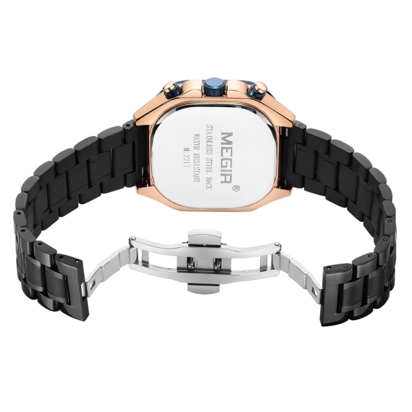 MEGIR Silver Quartz Watch Herr Vattentät fyrkantig urtavla Armbandsur Mode Chronograph Rostfritt stål Armband Lysande Visar Datum Black Green