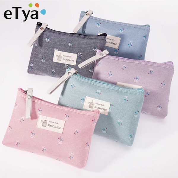 eTya Mode Canvas Kosmetikväska Kvinnor Blommor Blixtlås Små sminkväskor Organizer Canvas Mini Lady Toalettväska Påse blue