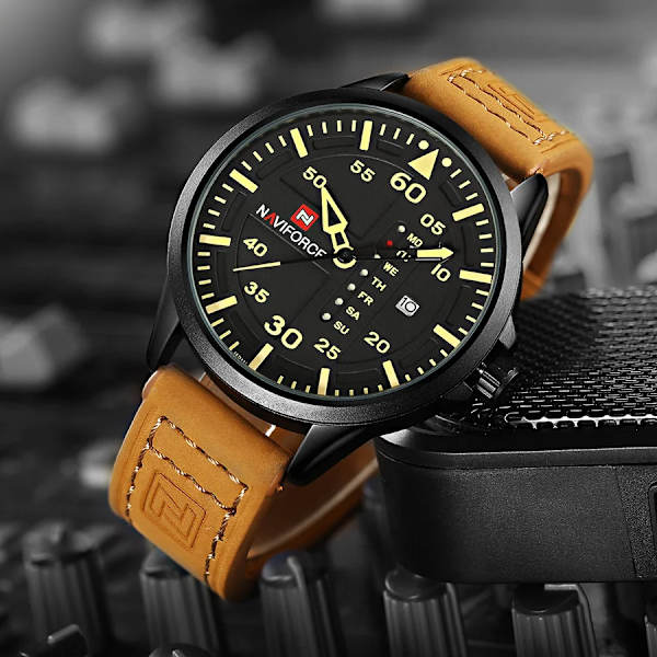 NAVIFORCE Lyxmärke Herr Army Militärklockor Herr Quartz Dateklocka Man Läderarmband Watch Relogio Masculino Black Red
