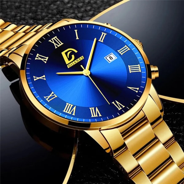 2022 Mode Herr Guld Klockor i rostfritt stål Lyx Minimalistisk Quartz Armbandsur Herr Business Casual Watch relogio masculino Leather Gold Blue