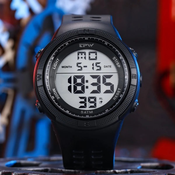 TPW överdimensionerad 53 mm digital watch för manlig 5ATM simkalender Silver