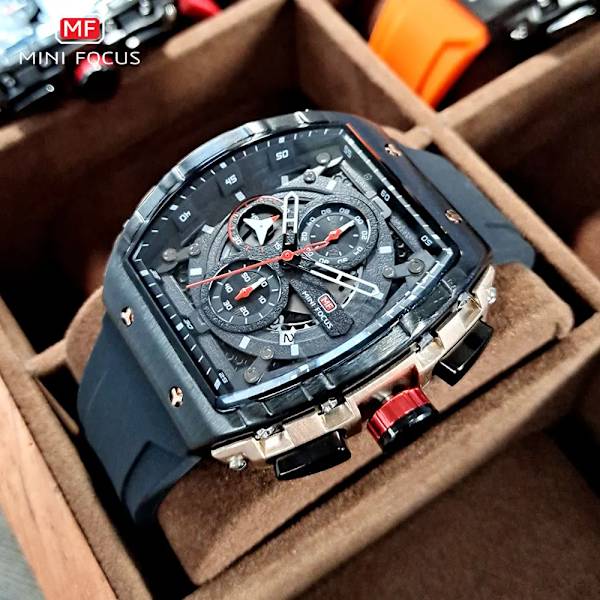 MINI FOCUS Chronograph Quartz klockor för män Militär sport silikonrem Vattentät armbandsur med Tonneau Dial Auto Date 0399Orange