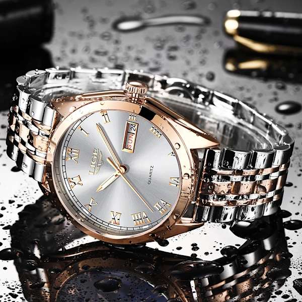 LIGE Damklockor Dam Top Märke Lyxklänning Vattentät Kvarts Watch Dam Rostfritt stål Datum Presentklocka reloj mujer Rose Gold White