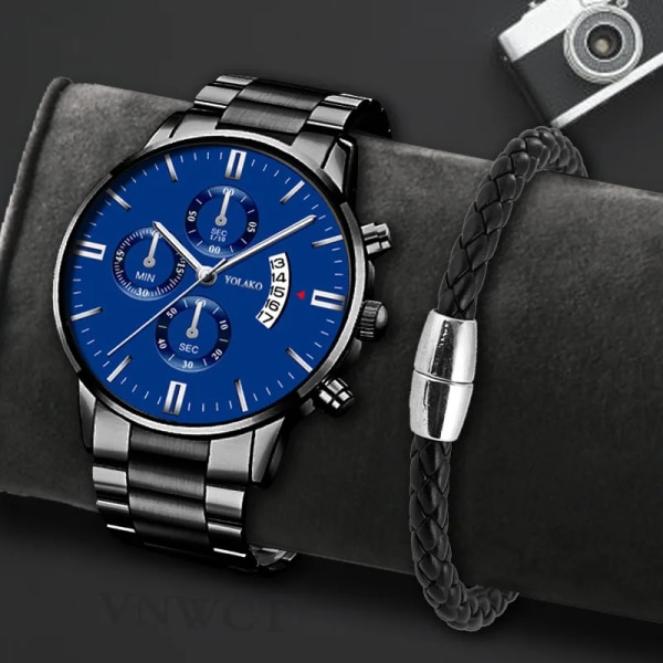 Mode rostfritt stål män watch armband lyx kalender kvarts armbandsur Business klockor för man klocka Relogio Masculino Black Blue Bracelet