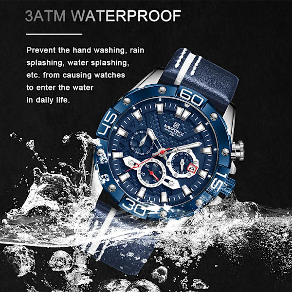 Top Lyx NAVIFORCE klockor för män Mode Sport Kronograf Quartz Armbandsur Man Militär Läderrem Vattentät klocka RGBE BOX