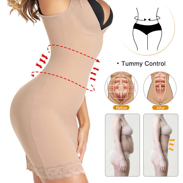Damer med helhals Shapewear Klänning Bodysuits Underkläder med spets Fast kontroll Öppen byst Midja Cinchers Body Shaper Klänningar Beige M