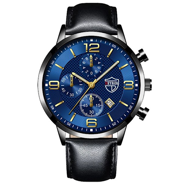 Lyx Herr Klockor i rostfritt stål Mode Herr Affär Läder Watch Man Kalender Datum Lysande klocka relogio masculino Leather Black Blue