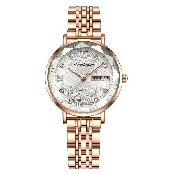 POEDAGAR Modeklänning Watch Lyx Elegant Vattentät Lysande Date Week Quartz Damklockor Present Casual relojes para mujer RoseGold White Steel