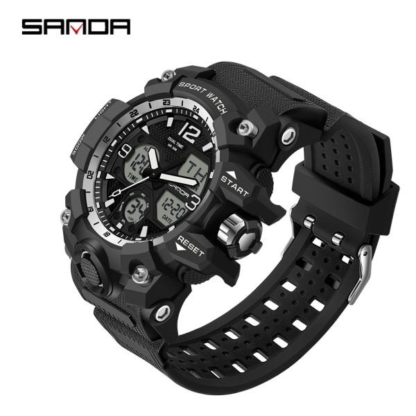 SANDA New Fashion Sport Militär Watch för män Digital Quartz Dual Display Klockor Vattentät Casual Watch för män Black silver