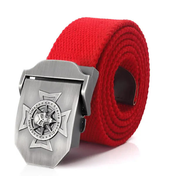 BOKADIAO Herr & Kvinnor Militär Canvas bälte lyxigt midjeband Skalle Cross Metal spänne jeans bälte Army taktiska bälten för manlig rem Red 90cm