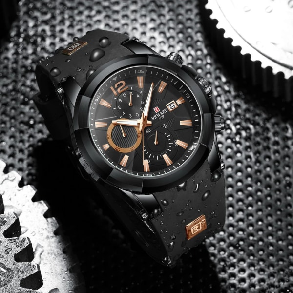 REWARD Silikonrem Herrklockor Topp Lyx Märke Vattentät Watch Chronograph Quartz Military Watch Black Gold