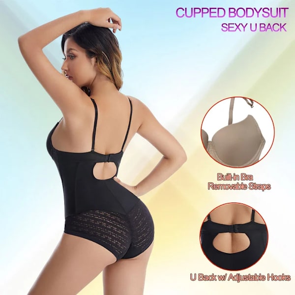 Bodysuit One-Piece Shapewear för kvinnor Magkontroll Rygglös Inbyggd BH Body Shaper Sexiga underkläder Sömlös korsett Plus Size Black M