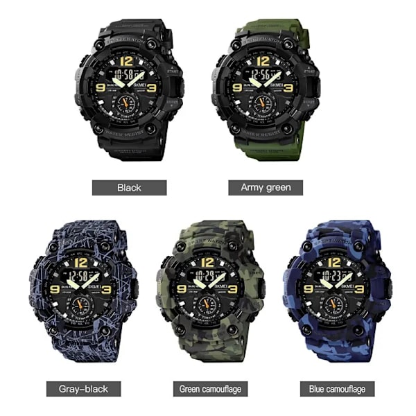Skmei Multifunktionella Chrono Digitala klockor Herr Dual Movement 3 Time Sport Armbandsur Vattentät Elektronisk Klocka Reloj Hombre Army green