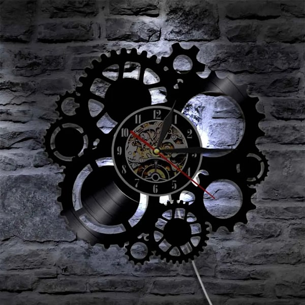Dekorativ klocka med kugghjul Steampunk Väggdekor Väggklocka Viktoriansk Industriell Steampunk Kugghjul Vinylskiva Väggklocka With LED Light