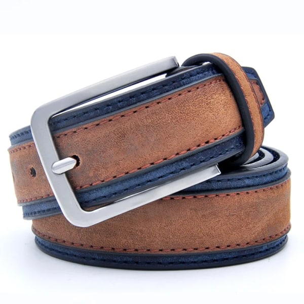 Nytt bälte för män Mode Casual rem manliga jeans Designer byxbälten Pu äkta läder Lyxigt varumärke Pin Spänne 038Brown-Navy 130cm