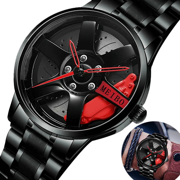 Kvartsklockor för män Vattentät vakuumpläteringsrem med bilhjulsfälgnav Design Sport Automatiskt Icke-mekaniskt armbandsur MB114 Leather Red