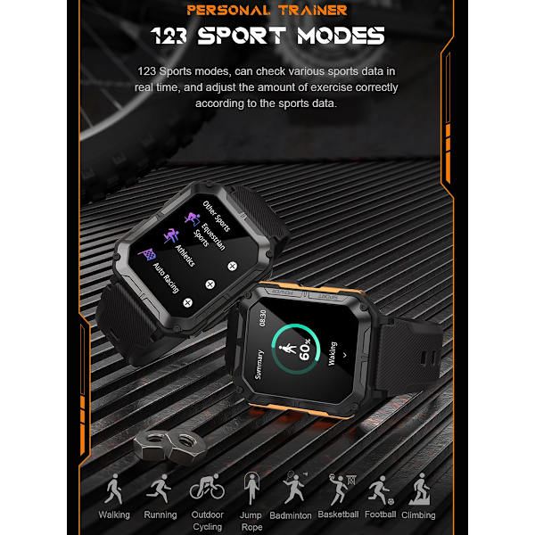 LEMFO C20Pro Smart Watch Herr Sport Smartwatch IP68 Vattentät Bluetooth Call 35 Days Standby 123 Sport Modes 1,83 tums HD-skärm Orange