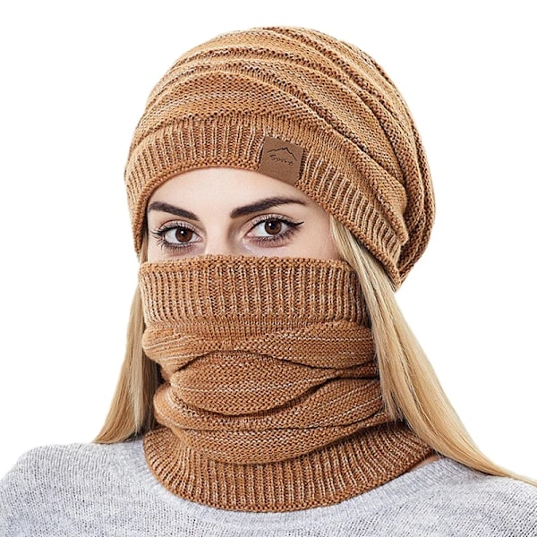 Vintermössa och Halsduk Set för Kvinnor Varm Stickad Mössa Dam Halsvärmare Tjockfodrad Dam Balaclava Mask Bobble Mössor för Kvinnor S86 6489 Coffee