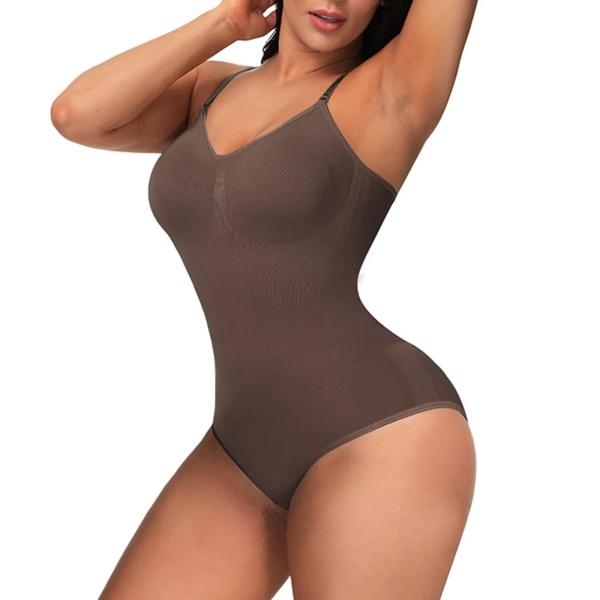 Shapewear Bodysuit String för Kvinnor Magkontroll Stroppa Body Shaper Slimming Body med inbyggd BH Deep V Shapers Coffee L