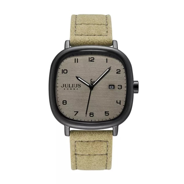 Ny 4 färger Real Auto Date Watch Japan Quartz Man Timmar Finmode Äkta Läder Armband Pojkepresent Julius Box Khaki