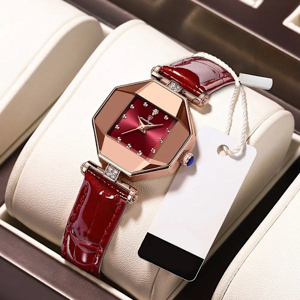 1 st Quarts watch för kvinnor Utsökt fritid läcker vinfärgad läderrem Rhinestone Watch Red