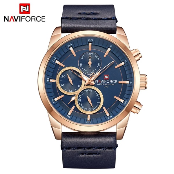 Herrklockor NAVIFORCE Toppmärke Lyx Vattentät 24 timmar Date Quartz Watch Man Mode Läder Sport Armbandsur Watch Rose Gold Bule