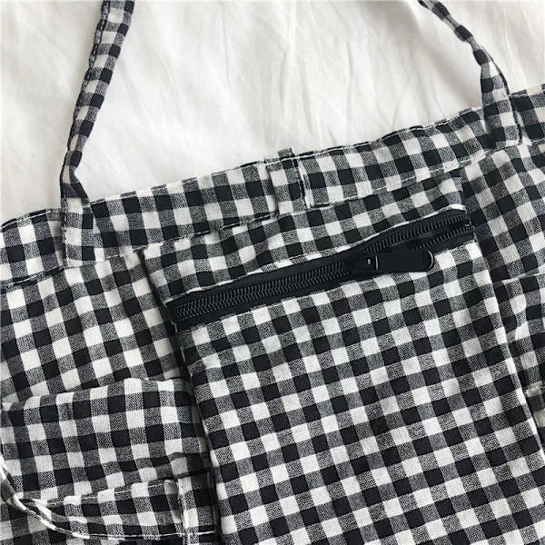 Mode Damer Canvas Tote Axel Stor shoppingväska Pläd Eko Stor kapacitet Damväska Påse Flickor Studentbok Handväskor Black
