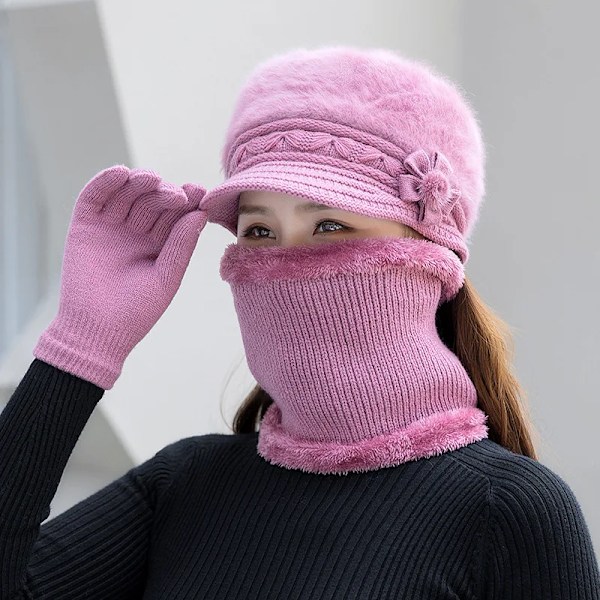 Ny vintermössa Tjock varm stickad mössa Halsduk Vantar 3-delars set för kvinnor Elegant blommig basker Utomhus Skidåkning Ridhjälm Red hat