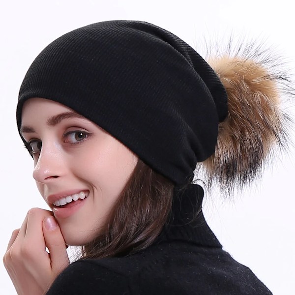 Geebro Damernas Vintermössa Stickad Ribbad Mössa Med Pompom Hatt Enfärgad Slapp Mössa Skullies Chapeu Feminino Dq423M Black B