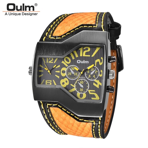 Oulm Classic Style Two Time Zone Herrklockor PU Läder Armbandsur Man Quartz Clock Casual Man Timmar relogio masculino orange