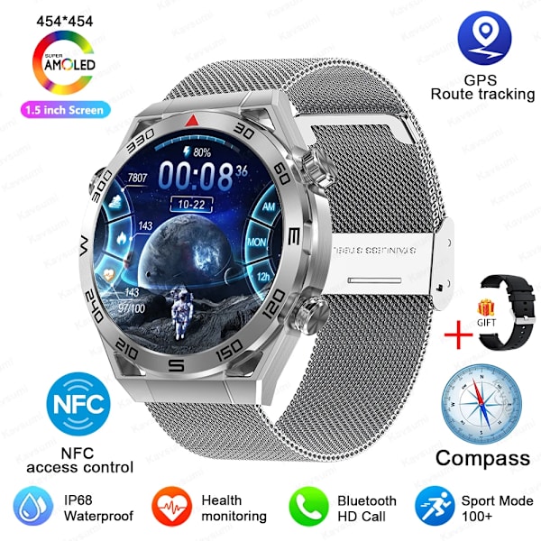 NFC AMOLED Smart Watch Herr Custom Dial Svara Ring Sport GPS Track Kompass IP68 Vattentät Smartwatch För Huawei Ultimate Silver Mesh Belt
